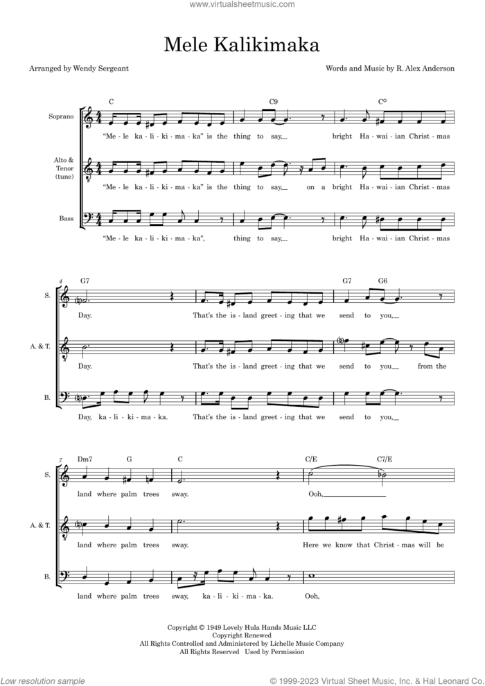 Mele Kalikimaka (arr. Wendy Sergeant) sheet music for choir (SAB: soprano, alto, bass) by Bing Crosby, Wendy Sergeant and R. Alex Anderson, intermediate skill level