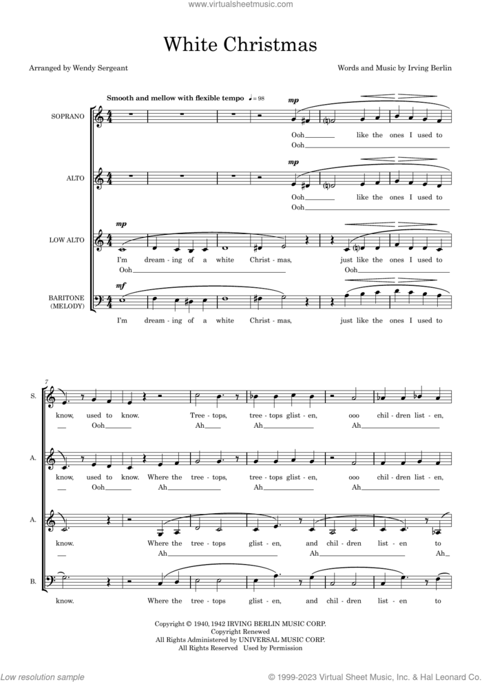 White Christmas (arr. Wendy Sergeant) sheet music for choir (SATB: soprano, alto, tenor, bass) by Irving Berlin and Wendy Sergeant, intermediate skill level