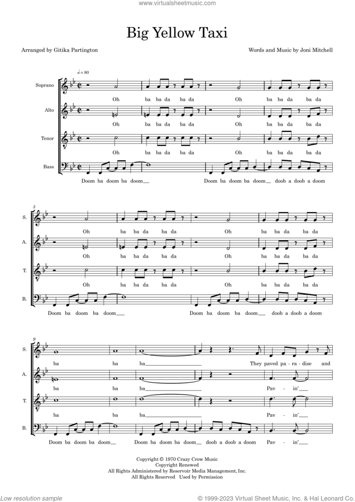 Big Yellow Taxi (arr. Gitika Partington) sheet music for choir (SATB: soprano, alto, tenor, bass) by Joni Mitchell and Gitika Partington, intermediate skill level