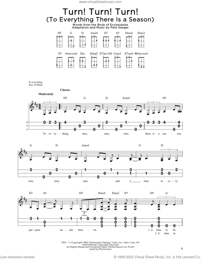 Turn! Turn! Turn! (To Everything There Is A Season) sheet music for dulcimer solo by The Byrds, Book of Ecclesiastes and Pete Seeger, intermediate skill level