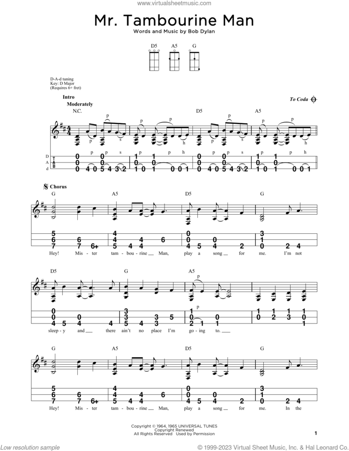 Mr. Tambourine Man sheet music for dulcimer solo by Bob Dylan, intermediate skill level