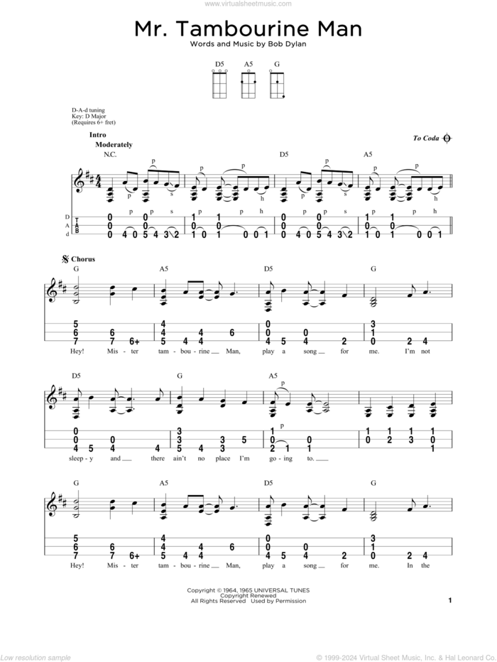 Mr. Tambourine Man sheet music for dulcimer solo by Bob Dylan, intermediate skill level