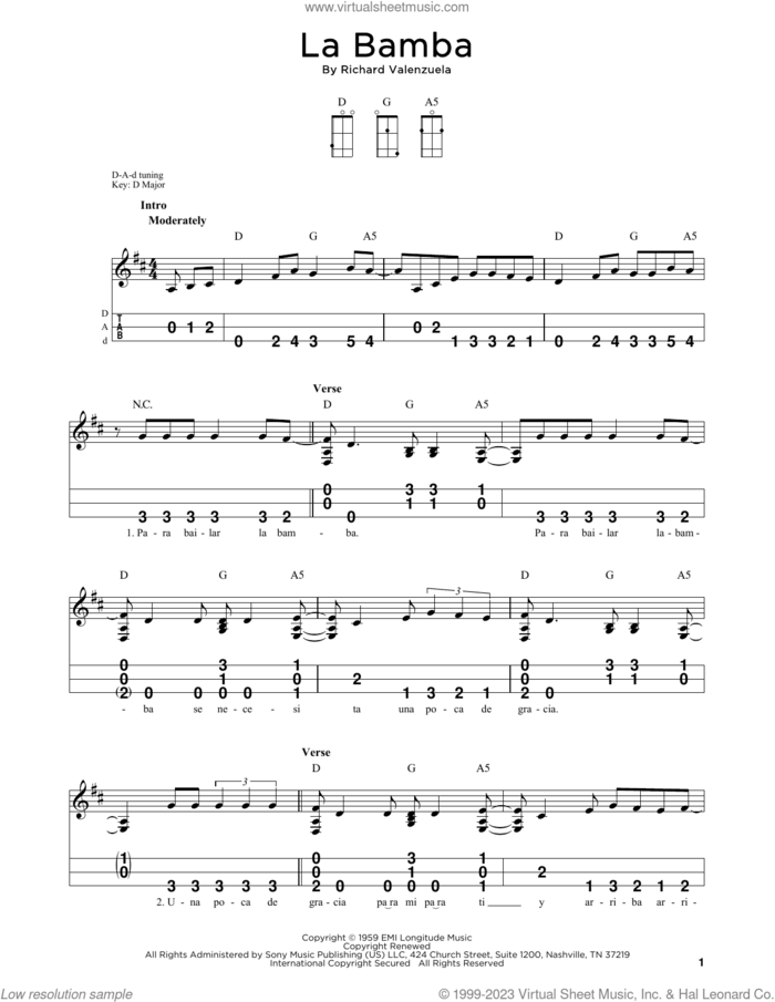 La Bamba sheet music for dulcimer solo by Ritchie Valens, Los Lobos and Richard Valenzuela, intermediate skill level