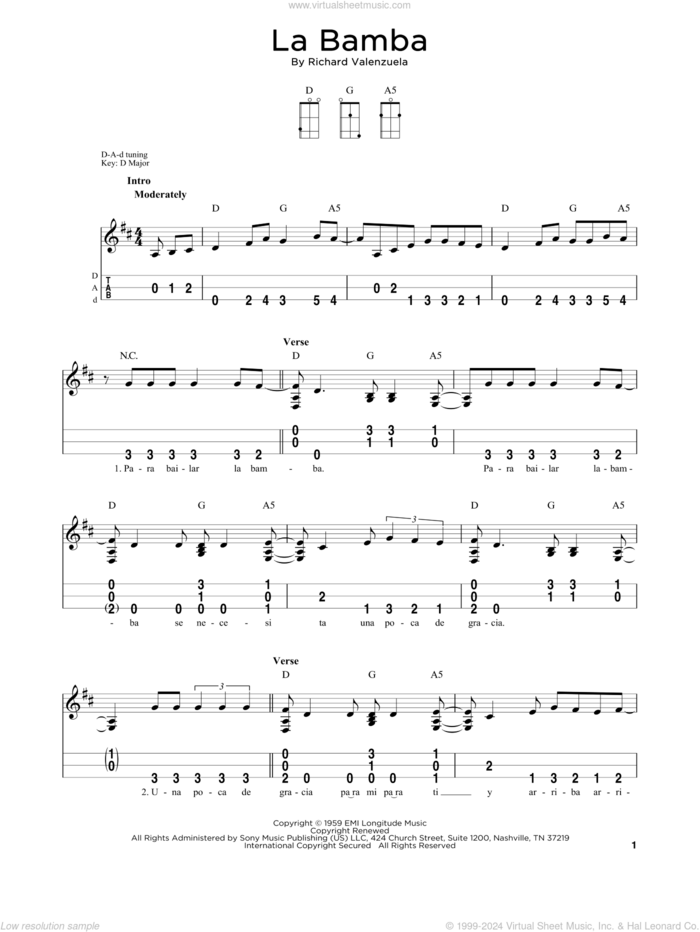 La Bamba sheet music for dulcimer solo by Ritchie Valens, Los Lobos and Richard Valenzuela, intermediate skill level