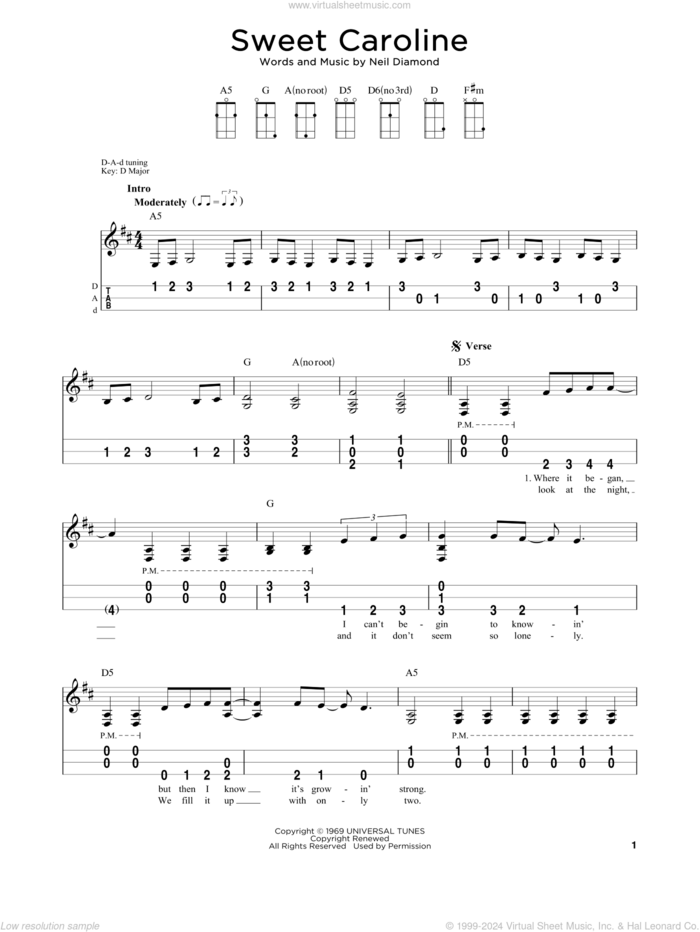 Sweet Caroline sheet music for dulcimer solo by Neil Diamond, intermediate skill level