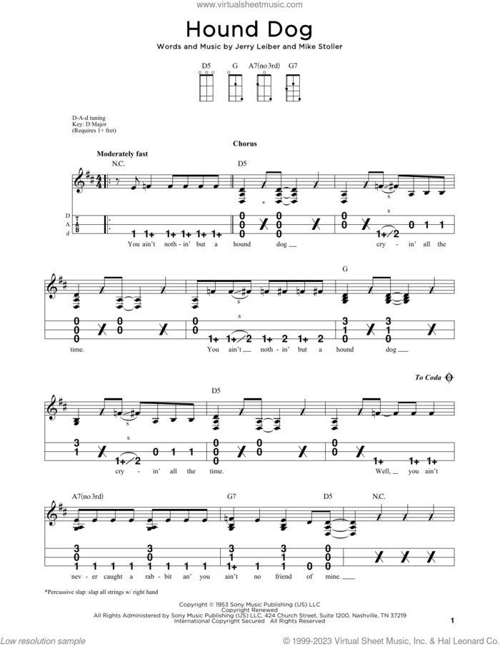 Hound Dog sheet music for dulcimer solo by Elvis Presley, Jerry Leiber and Mike Stoller, intermediate skill level