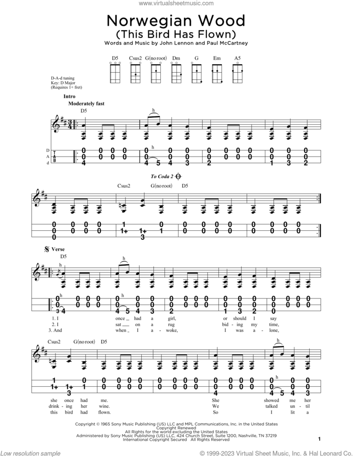 Norwegian Wood (This Bird Has Flown) sheet music for dulcimer solo by The Beatles, John Lennon and Paul McCartney, intermediate skill level