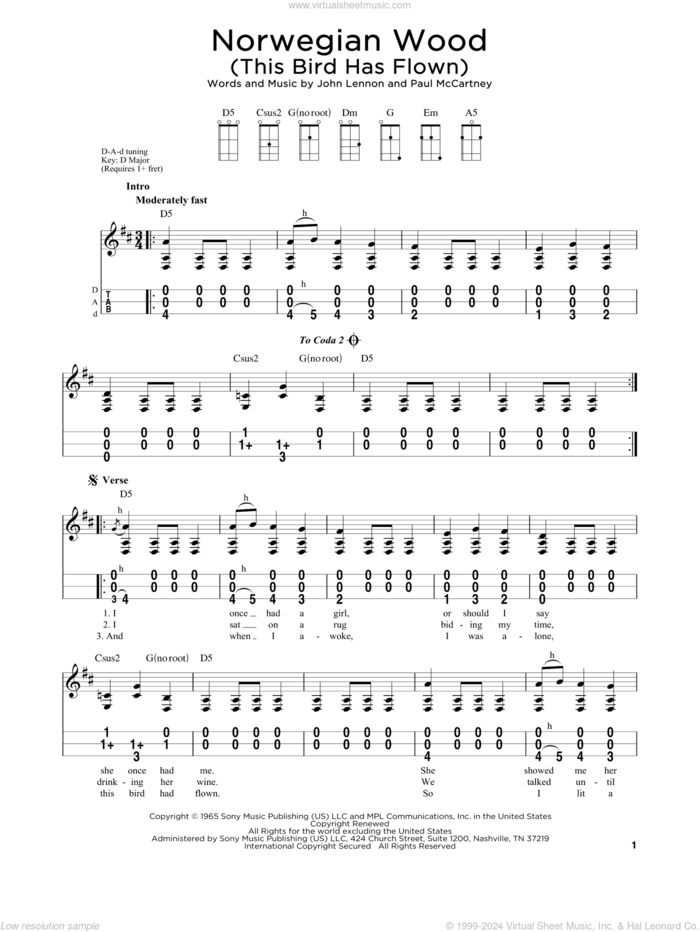 Norwegian Wood (This Bird Has Flown) sheet music for dulcimer solo by The Beatles, John Lennon and Paul McCartney, intermediate skill level