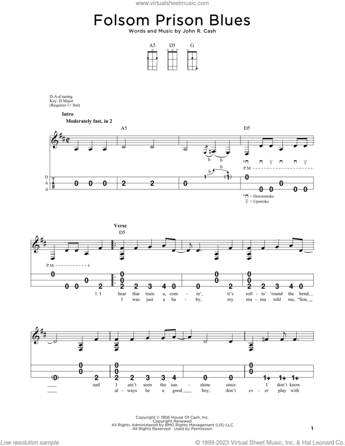 Folsom Prison Blues sheet music for dulcimer solo by Johnny Cash, intermediate skill level