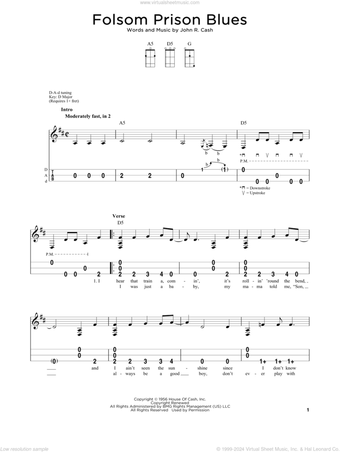 Folsom Prison Blues sheet music for dulcimer solo by Johnny Cash, intermediate skill level