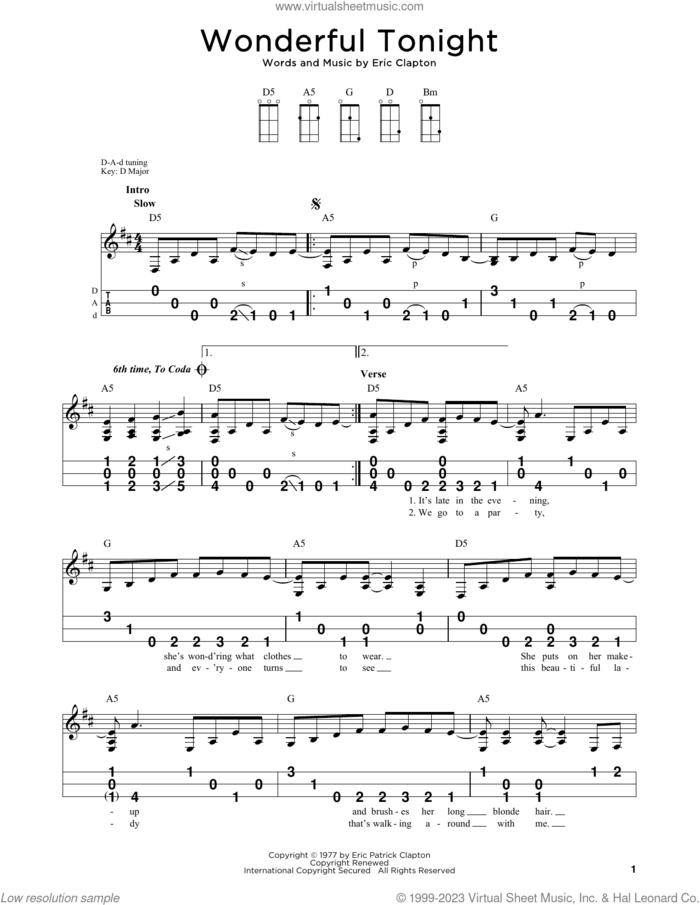Wonderful Tonight sheet music for dulcimer solo by Eric Clapton, intermediate skill level