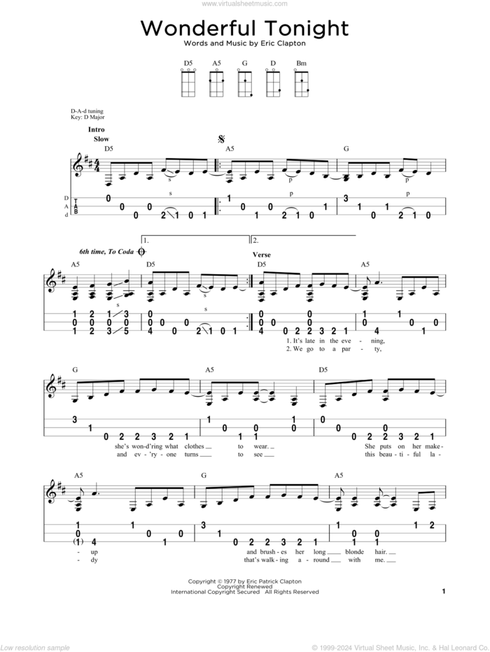 Wonderful Tonight sheet music for dulcimer solo by Eric Clapton, intermediate skill level