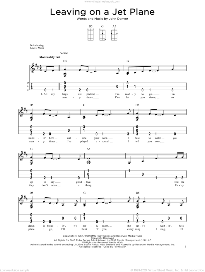 Leaving On A Jet Plane sheet music for dulcimer solo by John Denver and Peter, Paul & Mary, intermediate skill level