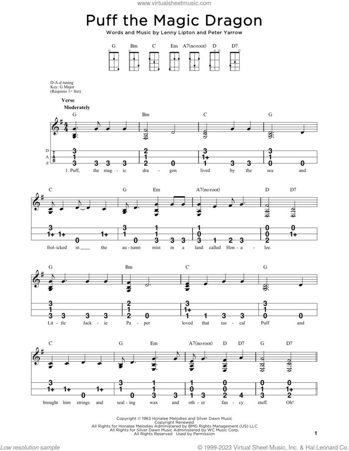 Puff The Magic Dragon sheet music for dulcimer solo by Peter, Paul & Mary, Lenny Lipton and Peter Yarrow, intermediate skill level