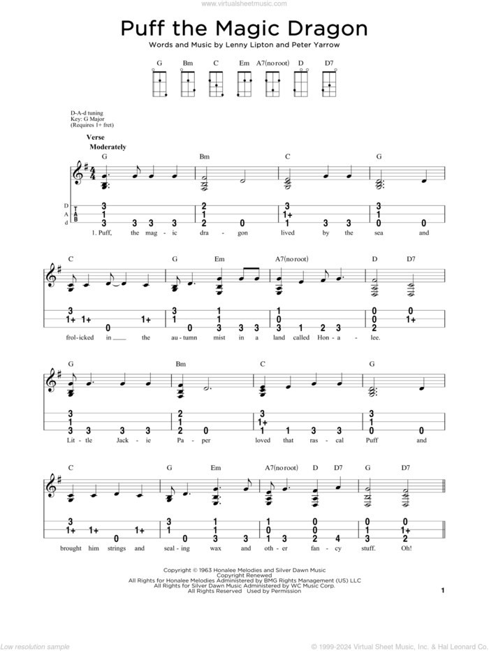 Puff The Magic Dragon sheet music for dulcimer solo by Peter, Paul & Mary, Lenny Lipton and Peter Yarrow, intermediate skill level