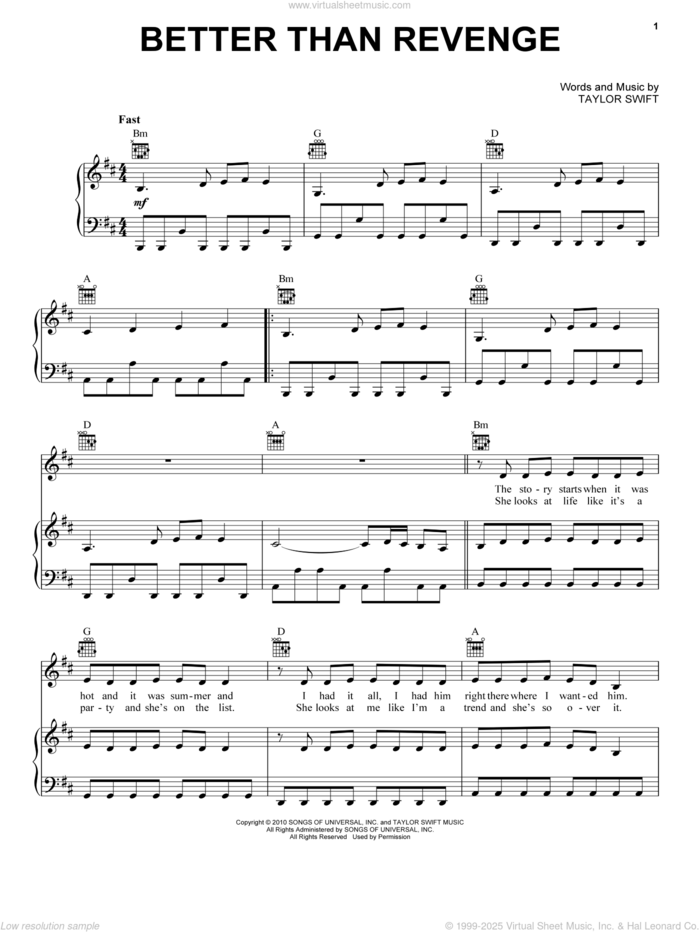 Better Than Revenge (Taylor's Version) sheet music for voice, piano or guitar by Taylor Swift, intermediate skill level