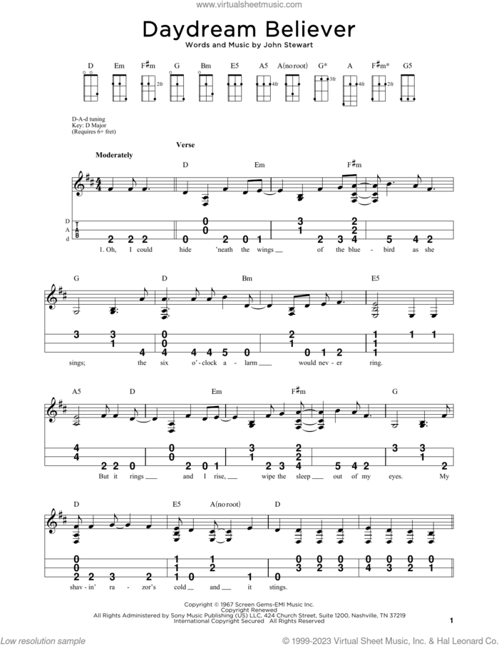 Daydream Believer sheet music for dulcimer solo by The Monkees and John Stewart, intermediate skill level