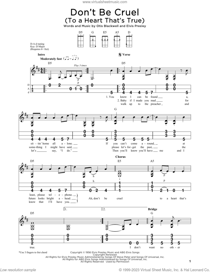 Don't Be Cruel (To A Heart That's True) sheet music for dulcimer solo by Elvis Presley and Otis Blackwell, intermediate skill level