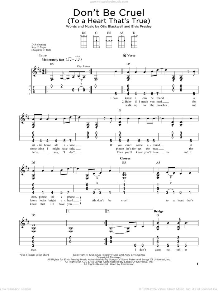 Don't Be Cruel (To A Heart That's True) sheet music for dulcimer solo by Elvis Presley and Otis Blackwell, intermediate skill level