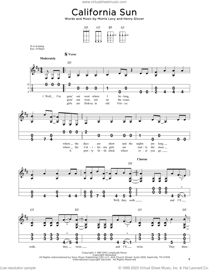 California Sun sheet music for dulcimer solo by Rivieras, Henry Glover and Morris Levy, intermediate skill level