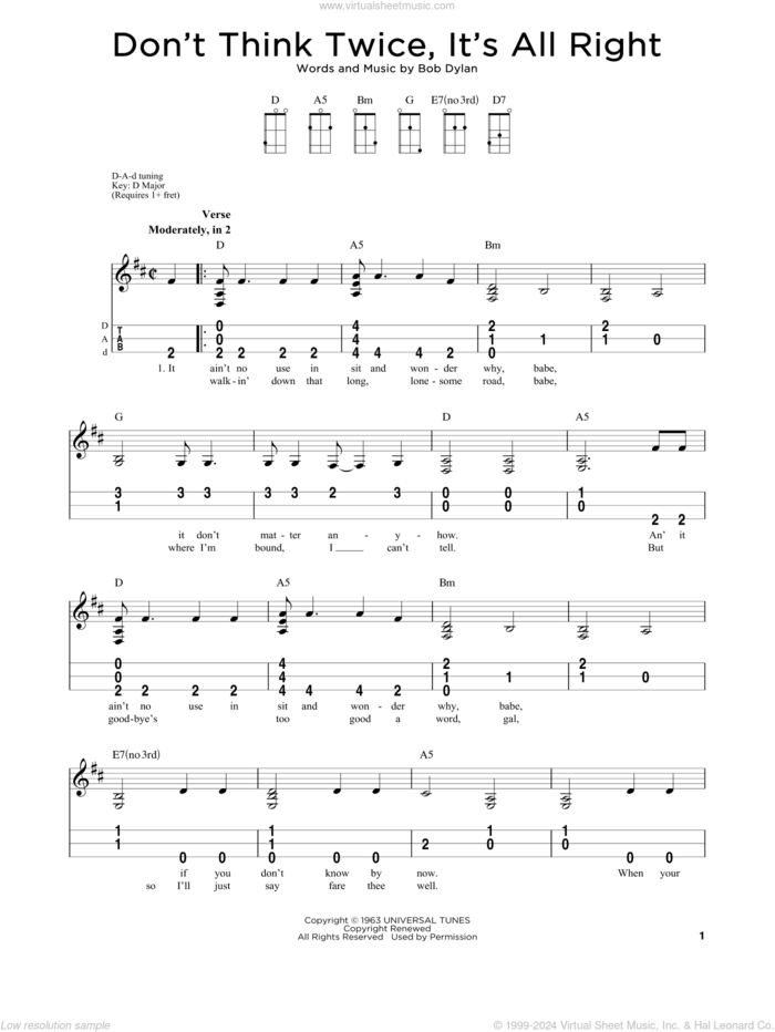 Don't Think Twice, It's All Right sheet music for dulcimer solo by Bob Dylan, intermediate skill level