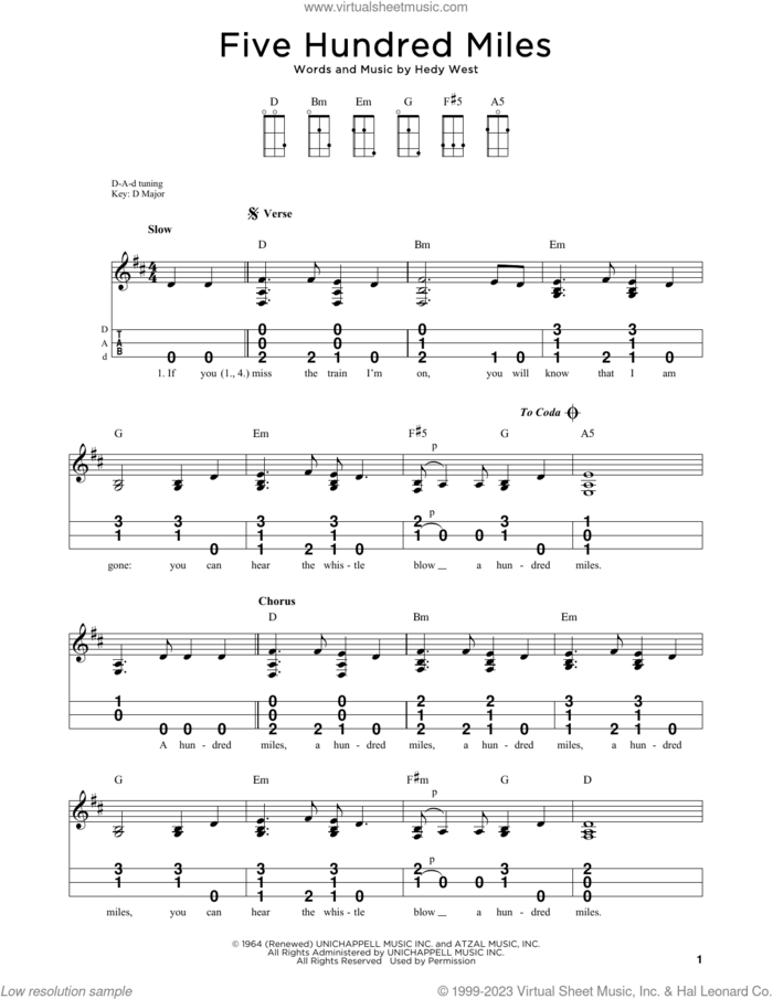 Five Hundred Miles sheet music for dulcimer solo by Peter, Paul & Mary and Hedy West, intermediate skill level