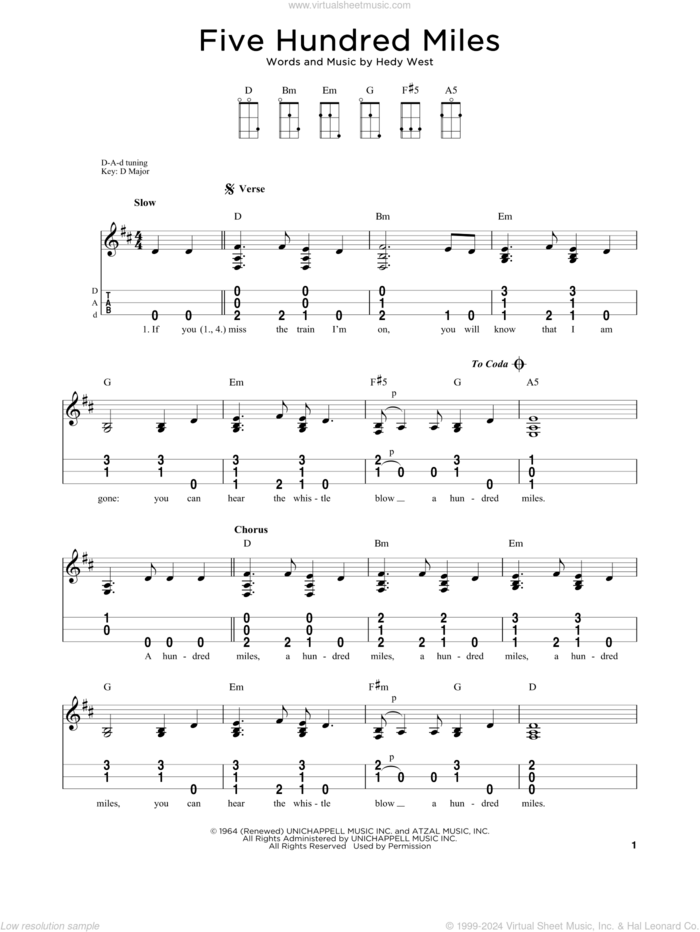 Five Hundred Miles sheet music for dulcimer solo by Peter, Paul & Mary and Hedy West, intermediate skill level