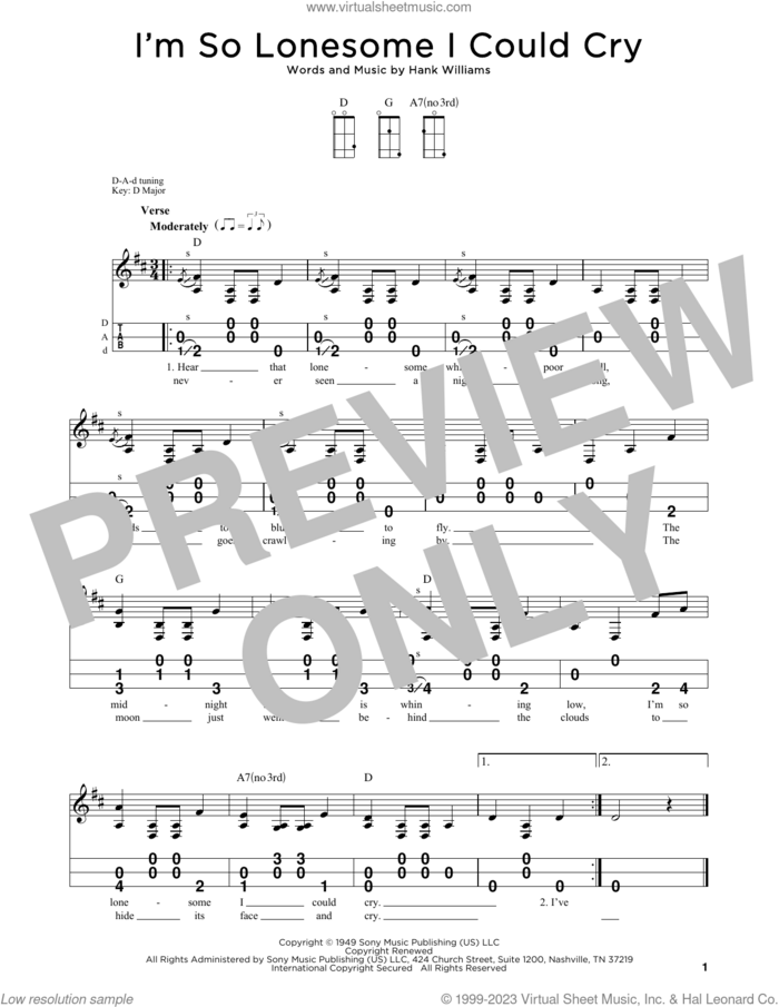 I'm So Lonesome I Could Cry sheet music for dulcimer solo by Hank Williams, intermediate skill level