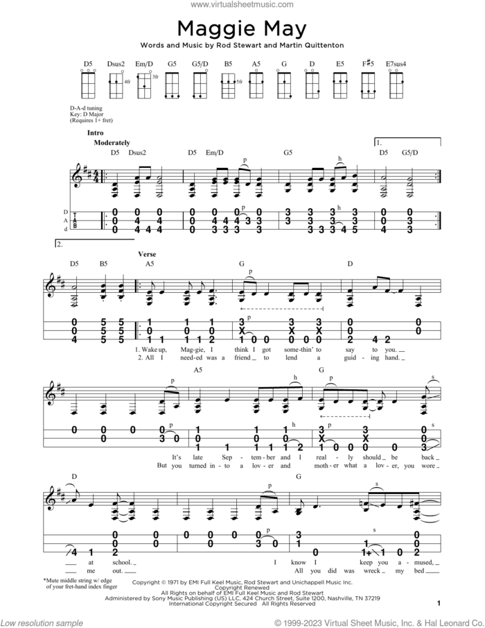 Maggie May sheet music for dulcimer solo by Rod Stewart and Martin Quittenton, intermediate skill level