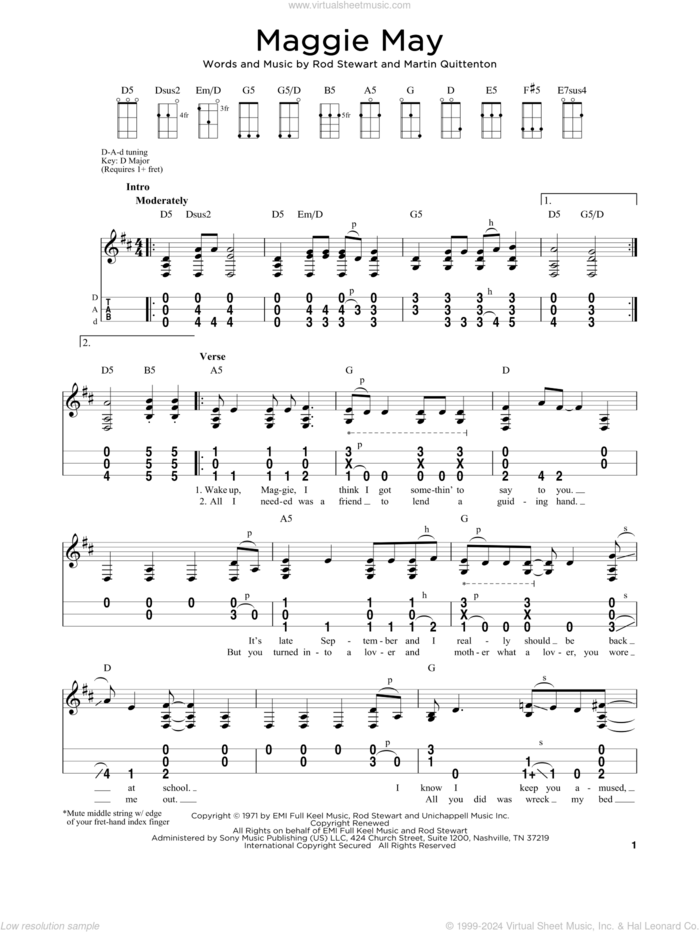 Maggie May sheet music for dulcimer solo by Rod Stewart and Martin Quittenton, intermediate skill level