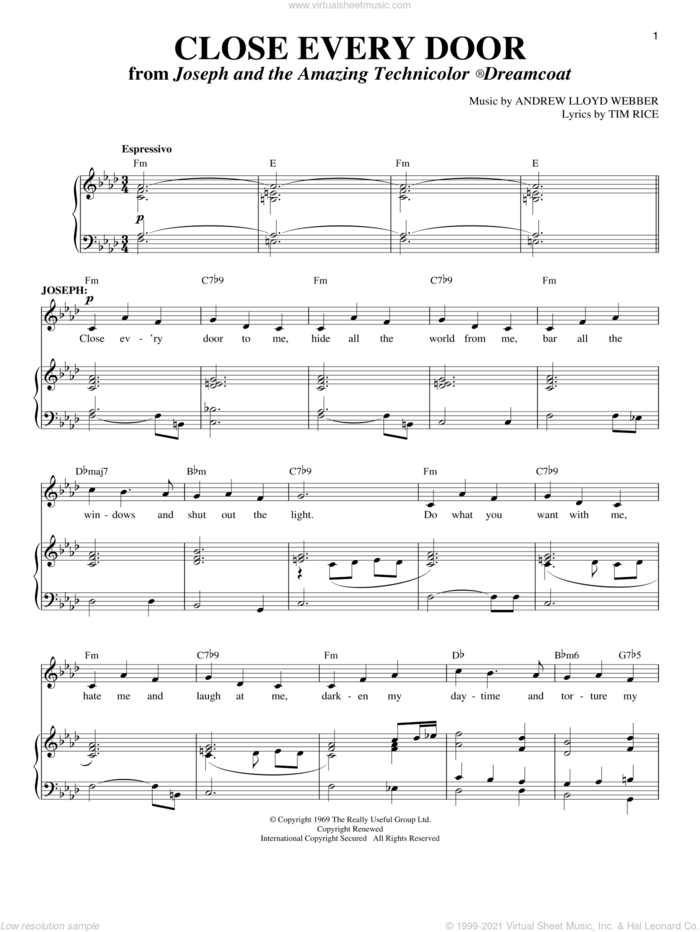 Close Every Door sheet music for voice and piano by Andrew Lloyd Webber, Joseph And The Amazing Technicolor Dreamcoat (Musical) and Tim Rice, intermediate skill level
