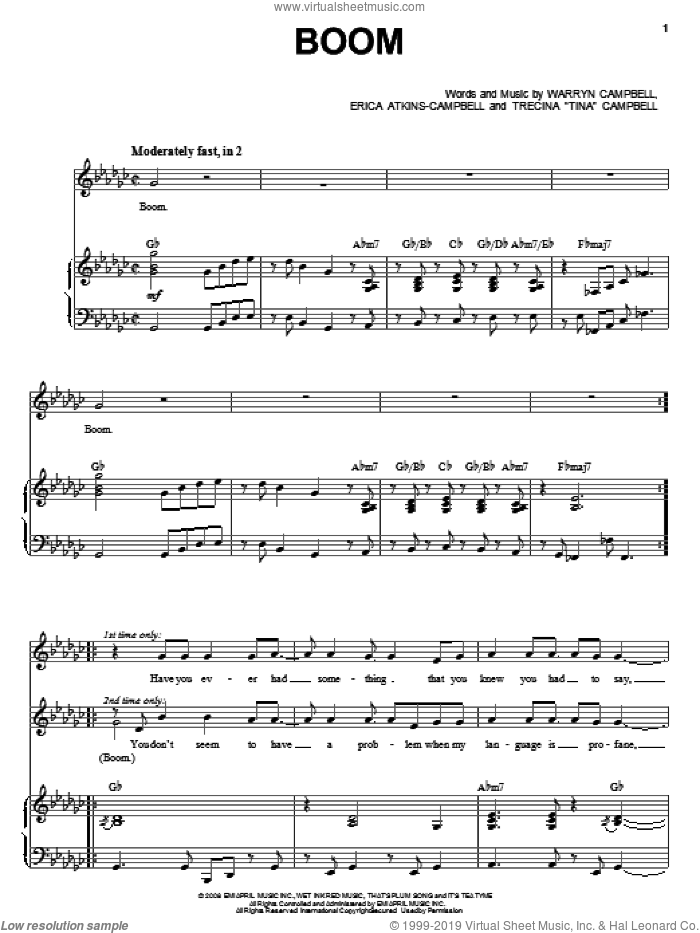 Boom sheet music for voice, piano or guitar by Mary Mary, Erica Atkins-Campbell, Trecina 'Tina' Campbell and Warryn Campbell, intermediate skill level