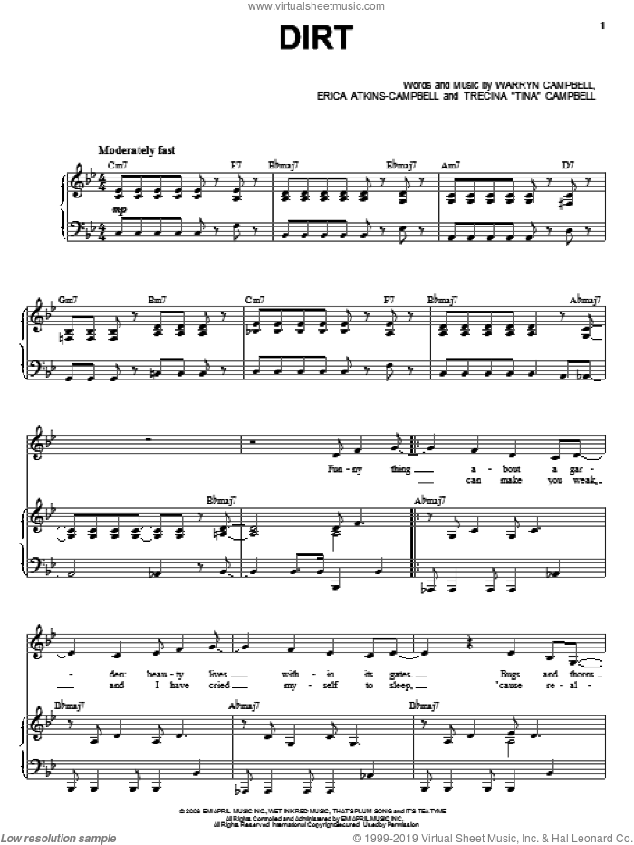 Dirt sheet music for voice, piano or guitar by Mary Mary, Erica Atkins-Campbell, Trecina 'Tina' Campbell and Warryn Campbell, intermediate skill level
