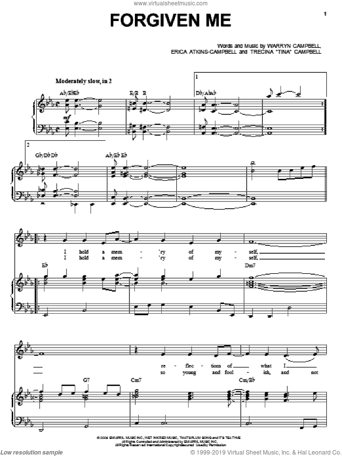 Forgiven Me sheet music for voice, piano or guitar by Mary Mary, Erica Atkins-Campbell, Trecina 'Tina' Campbell and Warryn Campbell, intermediate skill level