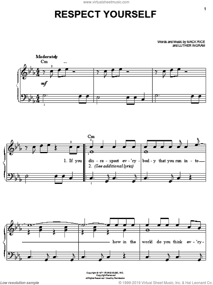 Respect Yourself sheet music for piano solo by The Staple Singers, Luther Ingram and Mack Rice, easy skill level
