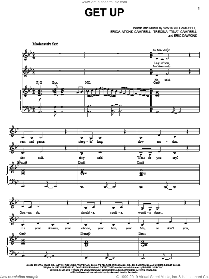 Get Up sheet music for voice, piano or guitar by Mary Mary, Eric Dawkins, Erica Atkins-Campbell, Trecina 'Tina' Campbell and Warryn Campbell, intermediate skill level
