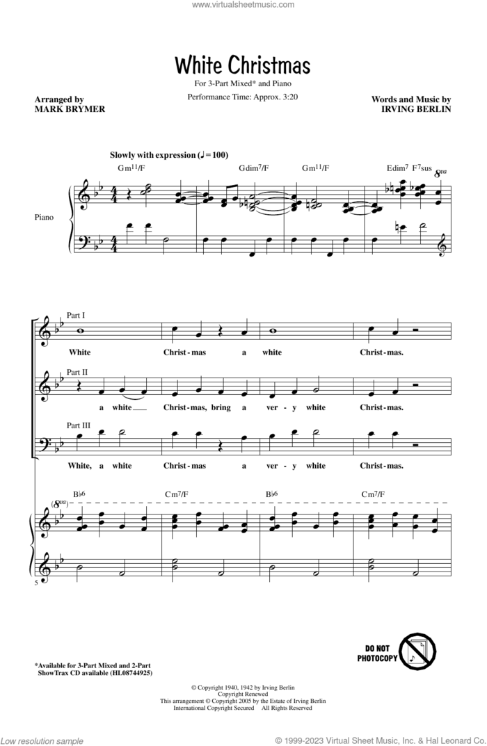White Christmas (arr. Mark Brymer) sheet music for choir (3-Part Mixed) by Irving Berlin and Mark Brymer, intermediate skill level