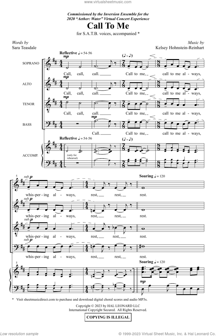 Call To Me sheet music for choir (SATB: soprano, alto, tenor, bass) by Kelsey Hohnstein-Reinhart and Sara Teasdale, intermediate skill level