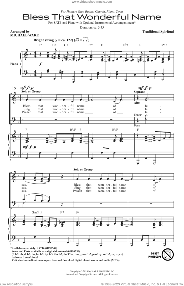 Bless That Wonderful Name (arr. Michael Ware) sheet music for choir (SATB: soprano, alto, tenor, bass)  and Michael Ware, intermediate skill level