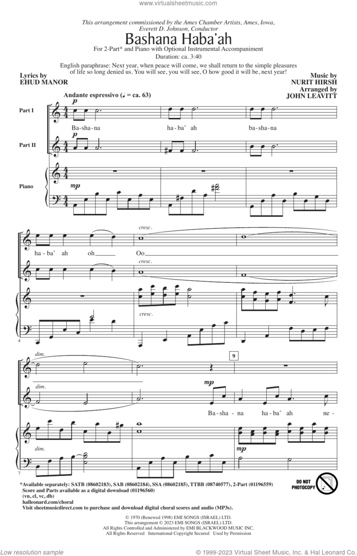 Bashana Haba'ah (arr. John Leavitt) sheet music for choir (2-Part) by Nurit Hirsh, John Leavitt and Ehud Manor, intermediate duet