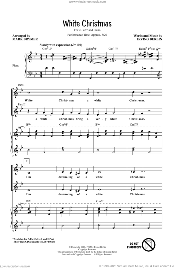 White Christmas (arr. Mark Brymer) sheet music for choir (2-Part) by Irving Berlin and Mark Brymer, intermediate duet