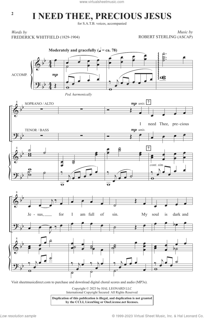I Need Thee, Precious Jesus sheet music for choir (SATB: soprano, alto, tenor, bass) by Robert Sterling and Frederick Whitfield, intermediate skill level