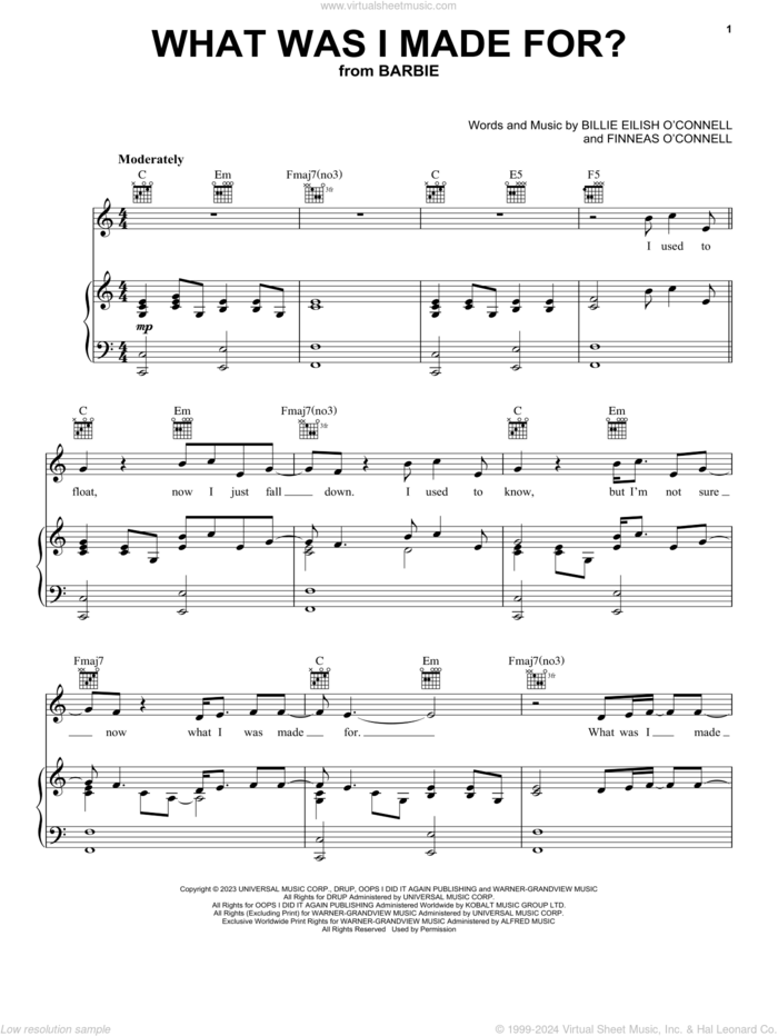 What Was I Made For? (from Barbie) sheet music for voice, piano or guitar by Billie Eilish, intermediate skill level