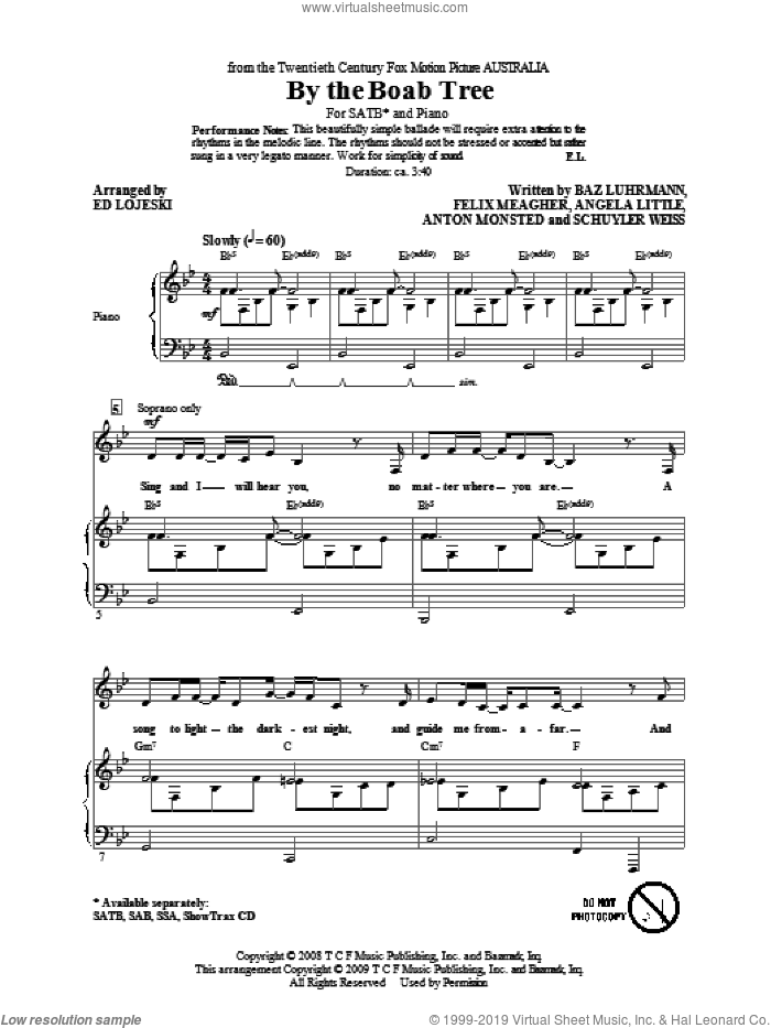 By The Boab Tree sheet music for choir (SATB: soprano, alto, tenor, bass) by Ed Lojeski, Angela Little, Anton Monsted, Baz Luhrmann, Felix Meagher, Schuyler Weiss and Ophelia Of The Spirits, intermediate skill level