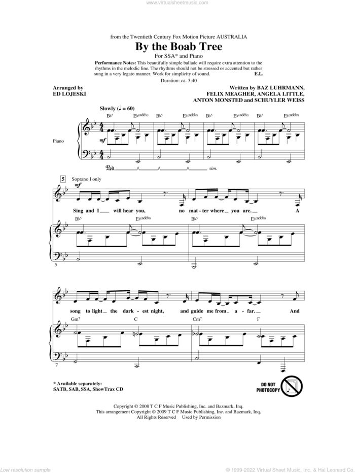 By The Boab Tree sheet music for choir (SSA: soprano, alto) by Ed Lojeski, Angela Little, Anton Monsted, Baz Luhrmann, Felix Meagher, Schuyler Weiss and Ophelia Of The Spirits, intermediate skill level