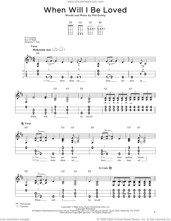 When Will I Be Loved sheet music for dulcimer solo by Linda Ronstadt and Phil Everly, intermediate skill level