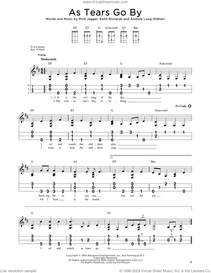 As Tears Go By sheet music for dulcimer solo by The Rolling Stones, Andrew Loog Oldham, Keith Richards and Mick Jagger, intermediate skill level