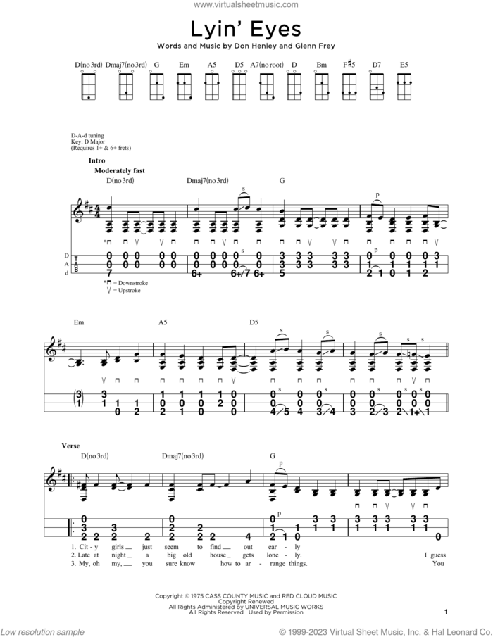 Lyin' Eyes sheet music for dulcimer solo by Don Henley, The Eagles and Glenn Frey, intermediate skill level
