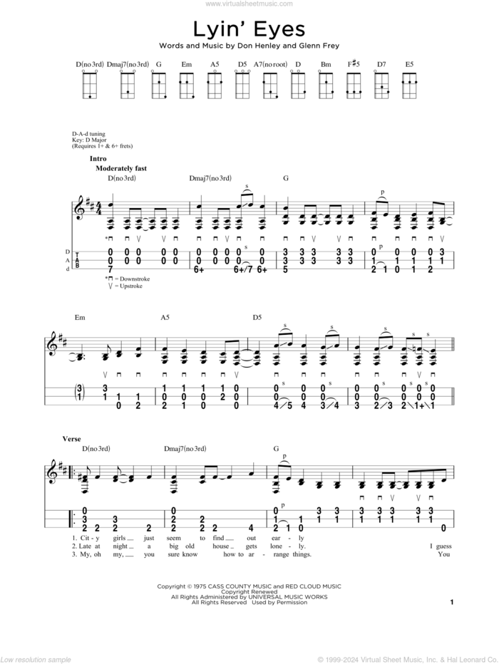 Lyin' Eyes sheet music for dulcimer solo by Don Henley, The Eagles and Glenn Frey, intermediate skill level