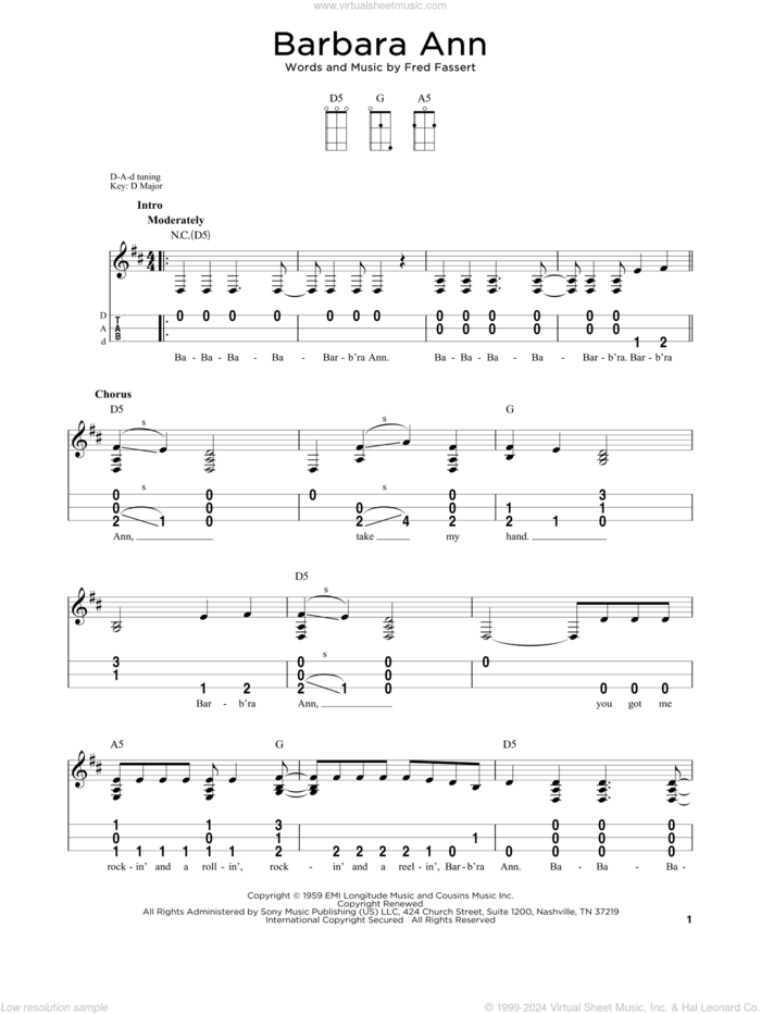 Barbara Ann sheet music for dulcimer solo by The Beach Boys and Fred Fassert, intermediate skill level